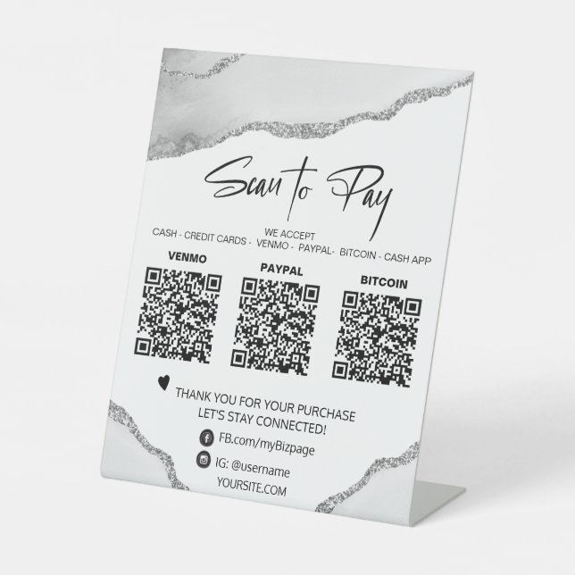 *~* Tabletop QR 3 PAYMENT Table Tent SILVER AGATE Pedestal Sign (Front)