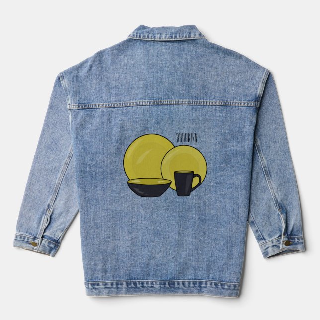 Tableware set cartoon illustration  denim jacket (Back)