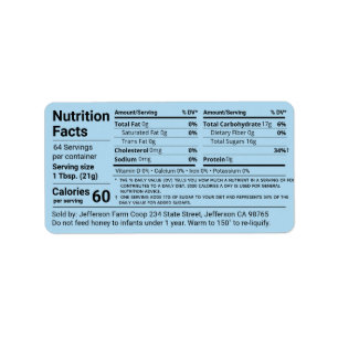 Tabular Honey Nutrition Facts Cornflower Blue Label