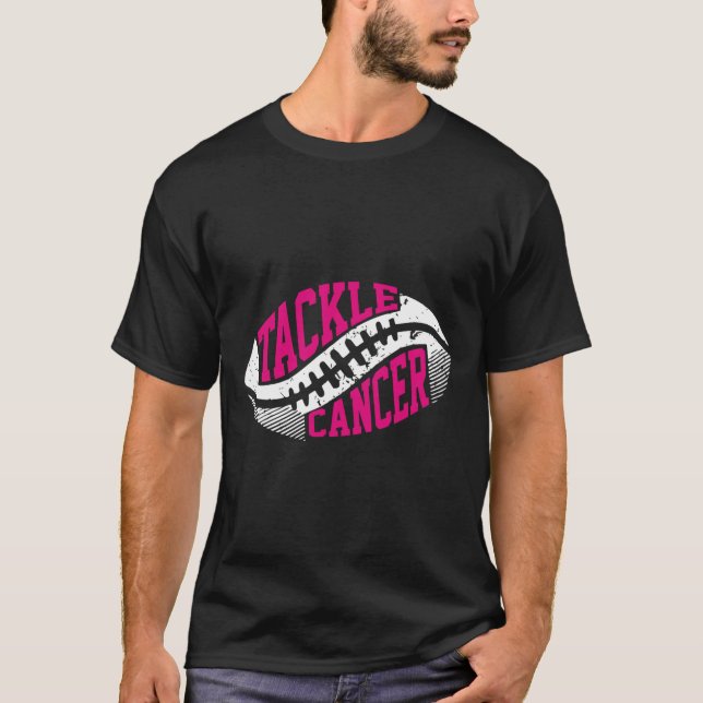 Tackle Football Ball Pink Ribbon Breast Cancer Awa T-Shirt (Front)