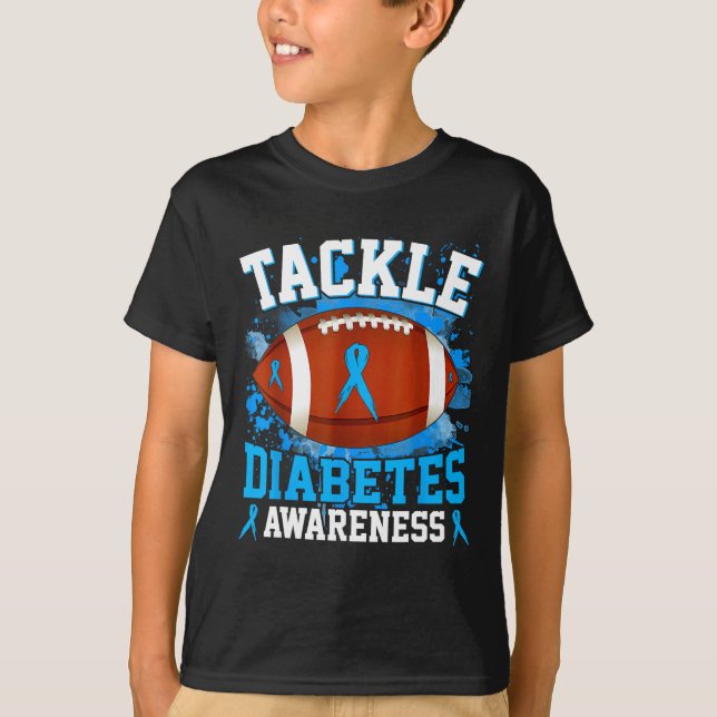 Tackle Football Diabetes Awareness Blue Ribbon Boy T-Shirt (Front)