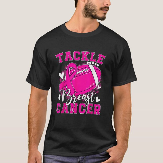Tackle Football Pink Ribbon Breast Cancer Awarenes T-Shirt (Front)