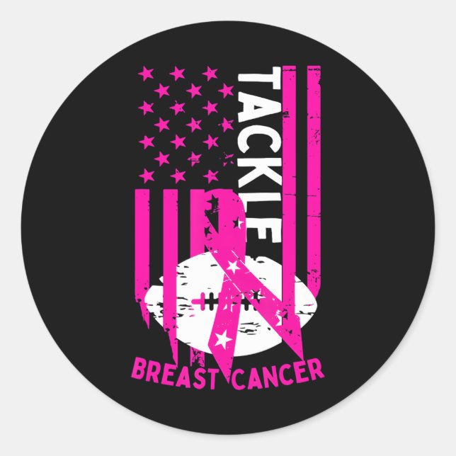 Tackle Football Pink Ribbon Breast Cancer Classic Round Sticker (Front)