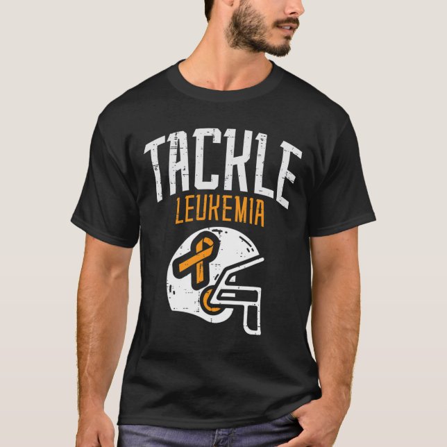 Tackle Leukaemia Helmet Orange Ribbon Blood Cancer T-Shirt (Front)