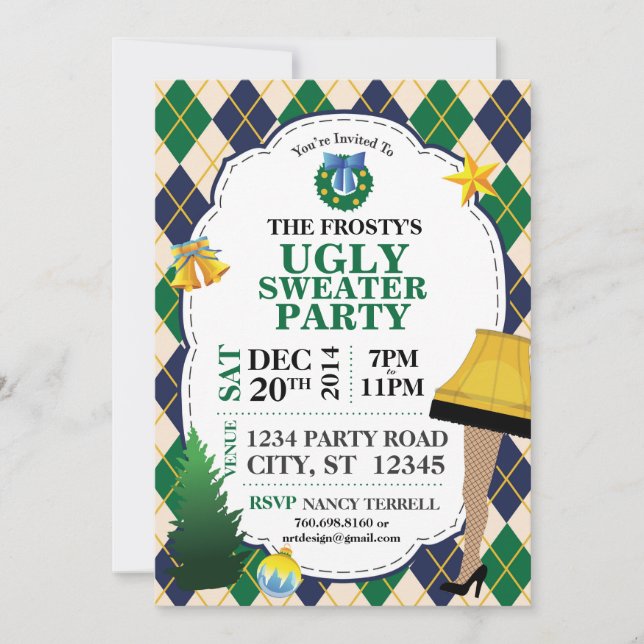 Tacky Christmas Party Invite (Navy/Green) (Front)