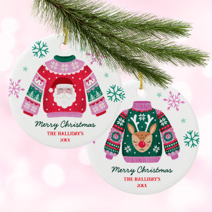 Tacky Christmas Sweater Santa Family Name Ceramic Tree Decoration