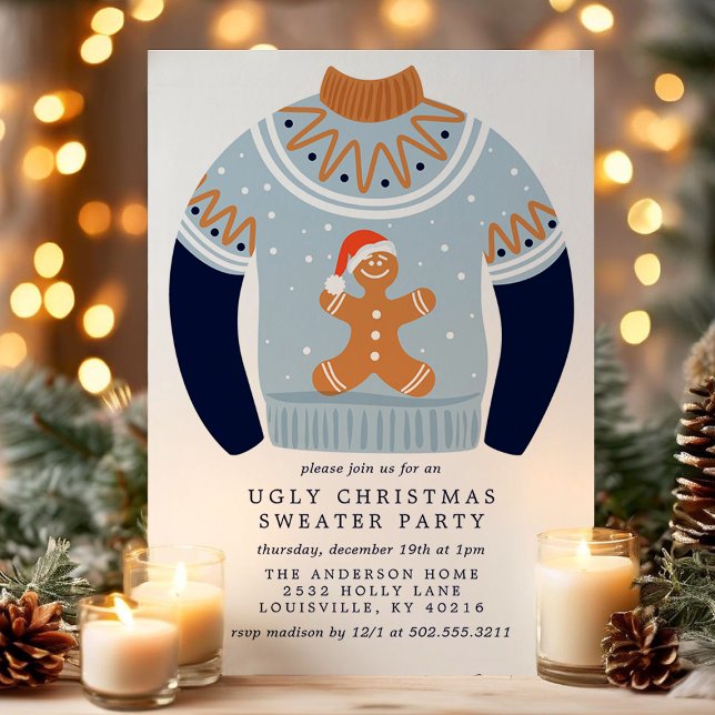 Tacky Gingerbread Man Ugly Christmas Sweater Party Invitation (Creator Uploaded)