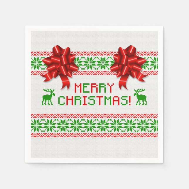 Tacky Ugly Christmas Sweater Red Green Bow Xmas Napkin (Front)