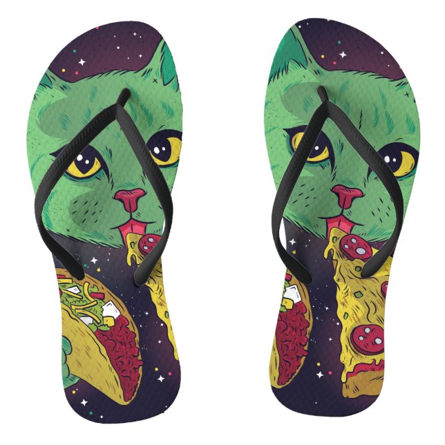 Taco and Pizza Cosmic Space Cat Flip Flops (Footbed)