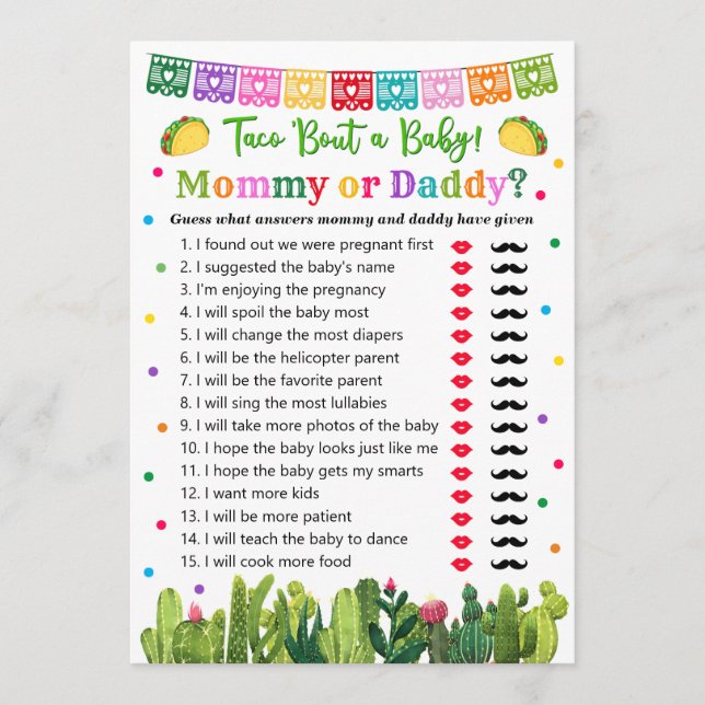 Taco Baby Shower Mummy or Daddy Advice Card (Front)