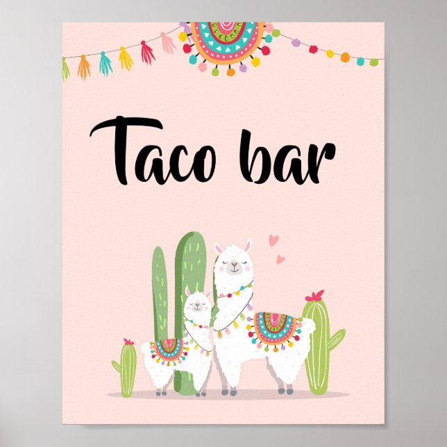 Taco Bar Snack Fiesta Llama Baby Shower Table Sign (Front)