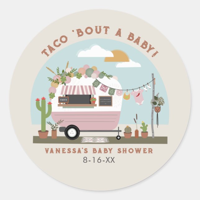 Taco Bout A Baby Boho Camper Girl Baby Shower  Classic Round Sticker (Front)