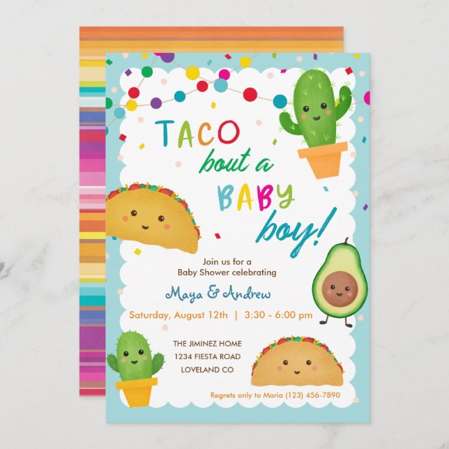 Taco bout a baby boy - fiesta theme baby shower in invitation (Front/Back)