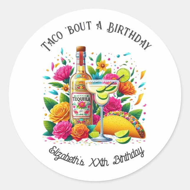 “Taco ’Bout a Birthday” Fiesta Classic Round Sticker (Front)