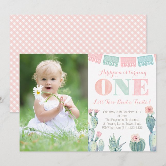 Taco bout a Fiesta Girl 1st Birthday Party Photo Invitation (Front/Back)