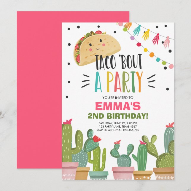 Taco Bout a Party Girl Pink Fiesta Birthday Cactus Invitation (Front/Back)