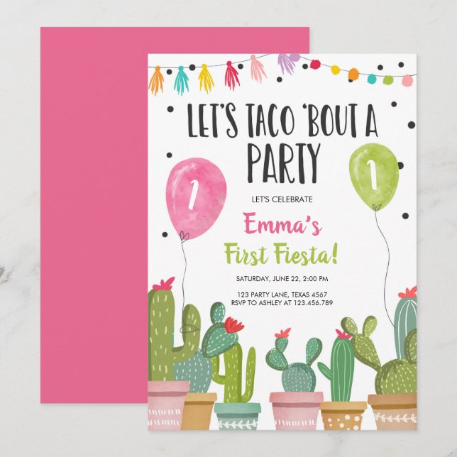 Taco Bout a Party Girl Pink First Fiesta Birthday Invitation (Front/Back)
