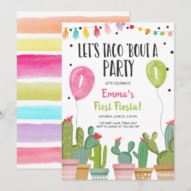 Taco Bout a Party Girl Pink First Fiesta Birthday Invitation (Front/Back)