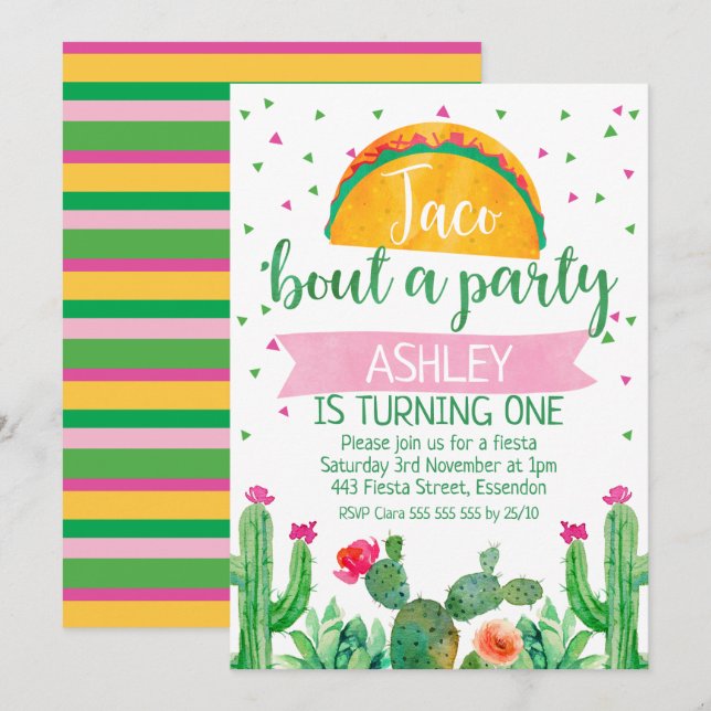 Taco bout a party themed Birthday Invitation (Front/Back)