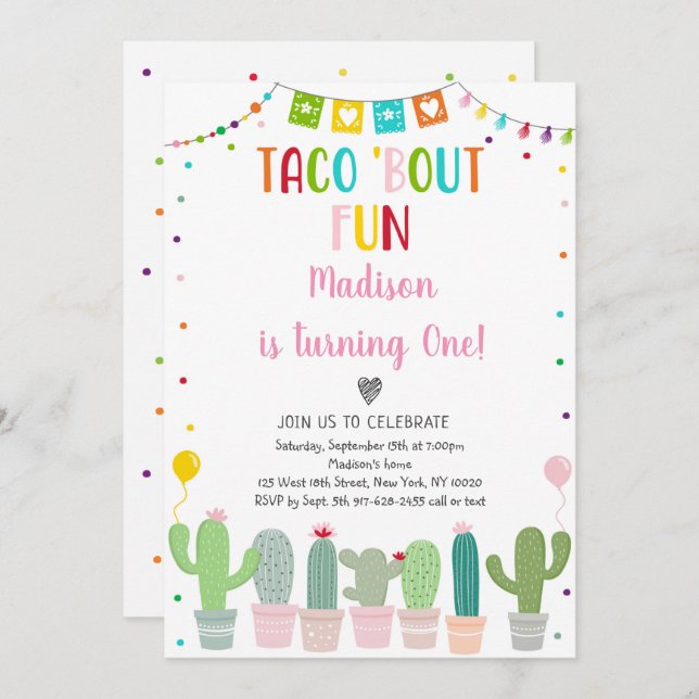 Taco Bout Fun Cactus Fiesta Girl Birthday Invitation (Front/Back)
