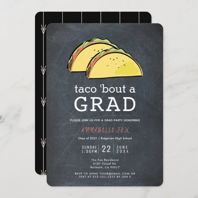 Taco Bout GRAD Chalkboard Black Graduation Party Invitation (Front/Back)