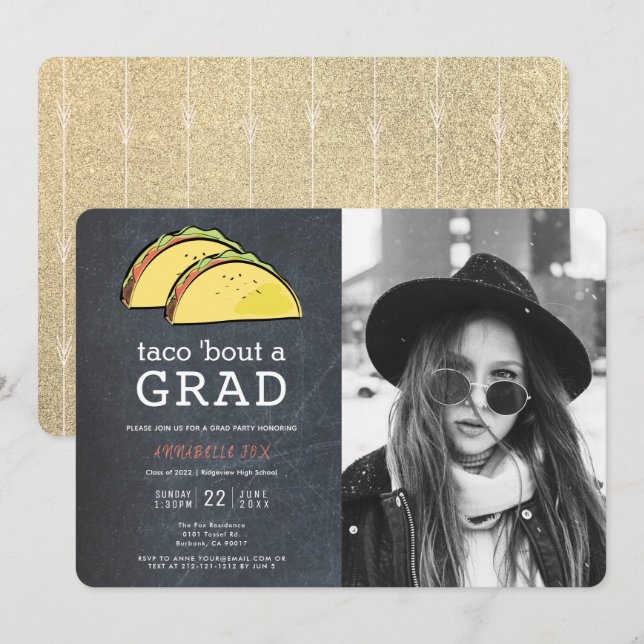Taco Bout GRAD Photo Chalkboard Gold Graduation Invitation (Front/Back)