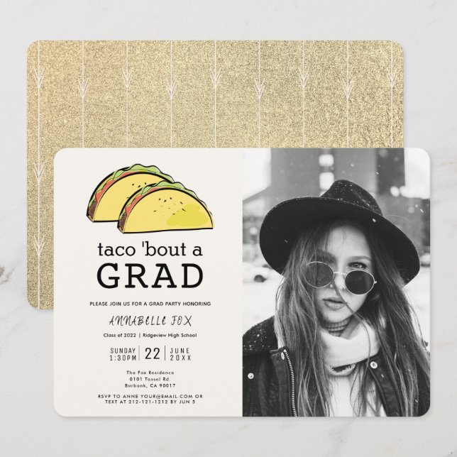 Taco Bout GRAD Photo Gold Graduation Party Invitation (Front/Back)