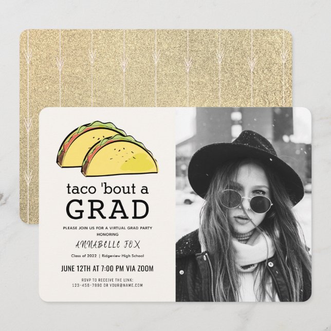 Taco Bout GRAD Photo Gold Virtual Graduation Invitation (Front/Back)