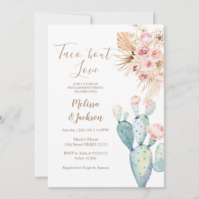 Taco Bout Love Cactus Pampas Grass Engagement  Invitation (Front)