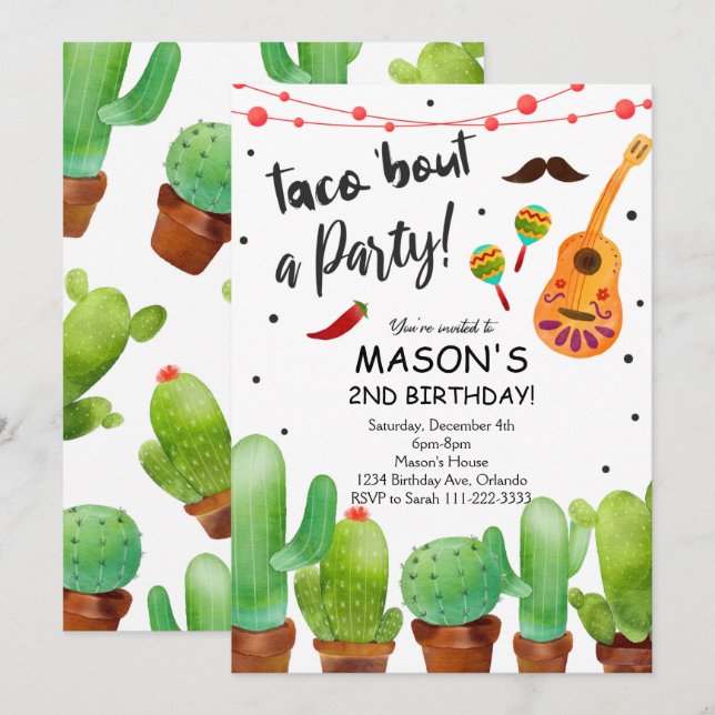 Taco Bout Party Fiesta Watercolor Cactus Invite (Front/Back)