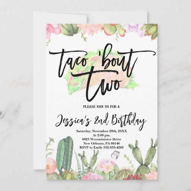 Taco ’Bout Two Fiesta, Taco Second Birthday Invitation (Front)