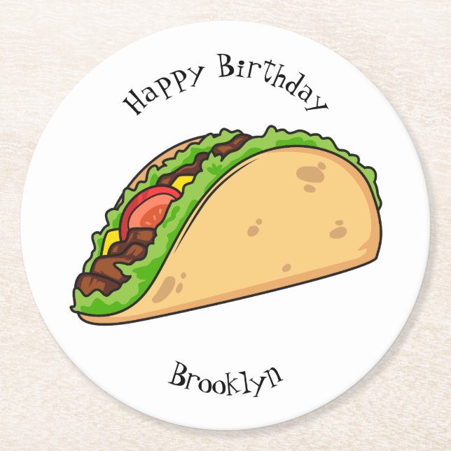 Taco cartoon illustration round paper coaster (Front)