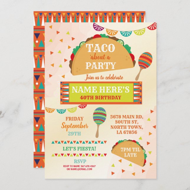 Taco Fiesta Birthday Party Mexican Bright Fun Invitation (Front/Back)