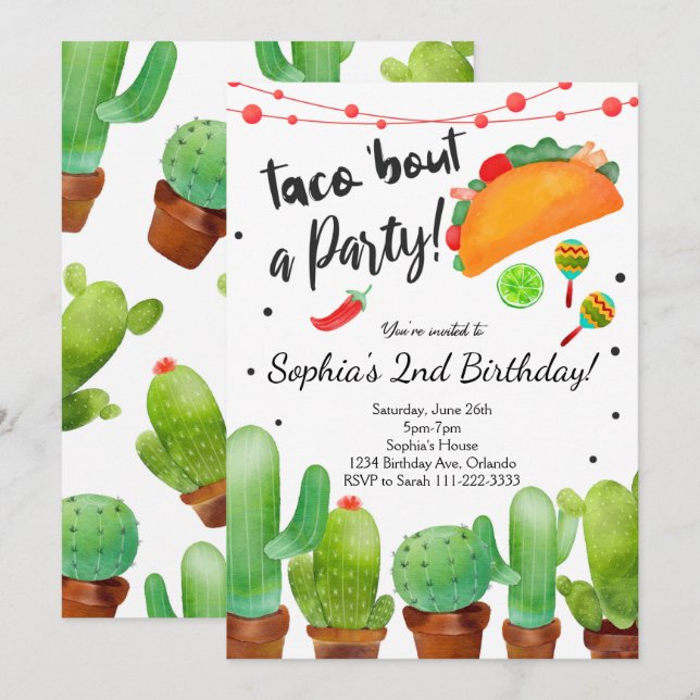 Taco Fiesta Bout Party Watercolor Cactus Invite (Front/Back)