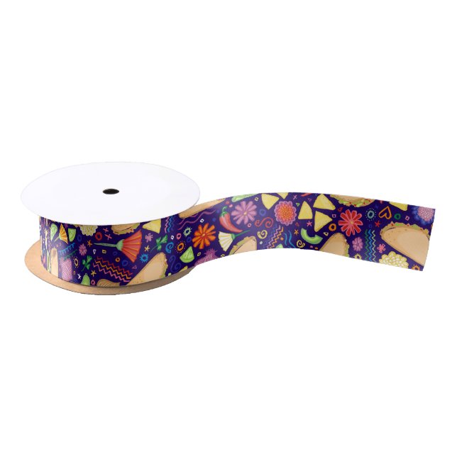 Taco Fiesta on Blue Festive Mexican Food & Flowers Satin Ribbon (Spool)