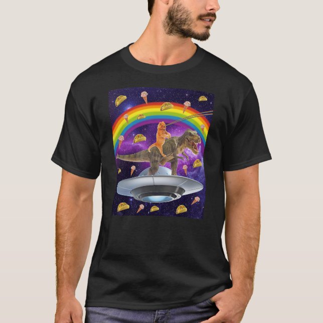 Taco Kitty Rainbow Laser Eye T-Rex Riding Space Ca T-Shirt (Front)
