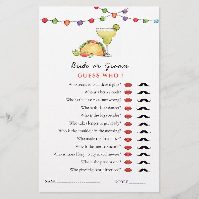 Taco & Tequila Fiseta 'Guess Who' Shower game  (Front)