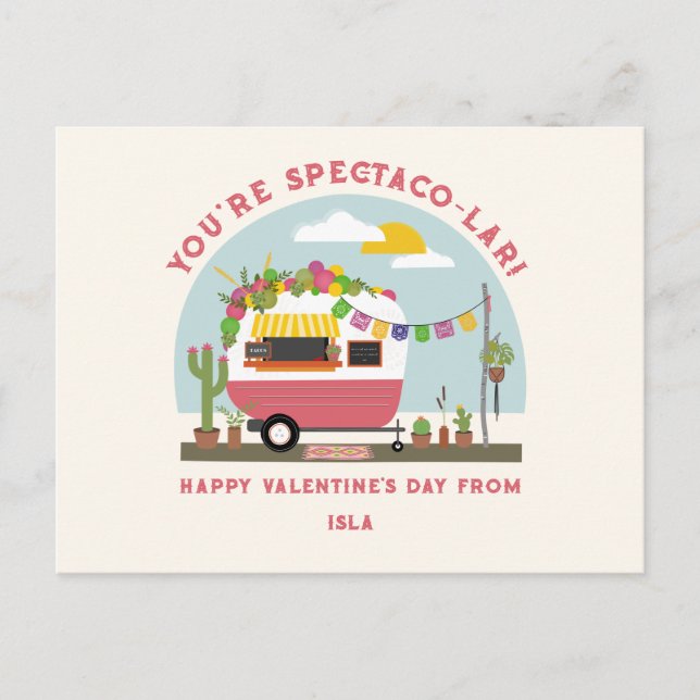 Taco Truck Pun Pink Camper School Valentine  Postcard (Front)