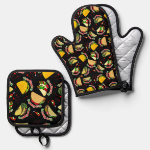 Taco Tuesday Hard & Soft Tacos Hot Sauce Black Oven Mitt & Pot Holder Set