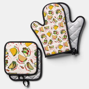 Taco Tuesday Hard & Soft Tacos Hot Sauce White Oven Mitt & Pot Holder Set
