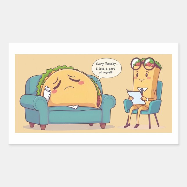 Taco Tuesday Therapy - Funny Cartoon Food Art Rectangular Sticker (Front)