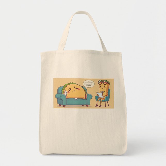 Taco Tuesday Therapy - Funny Cartoon Food Art Tote Bag (Front)