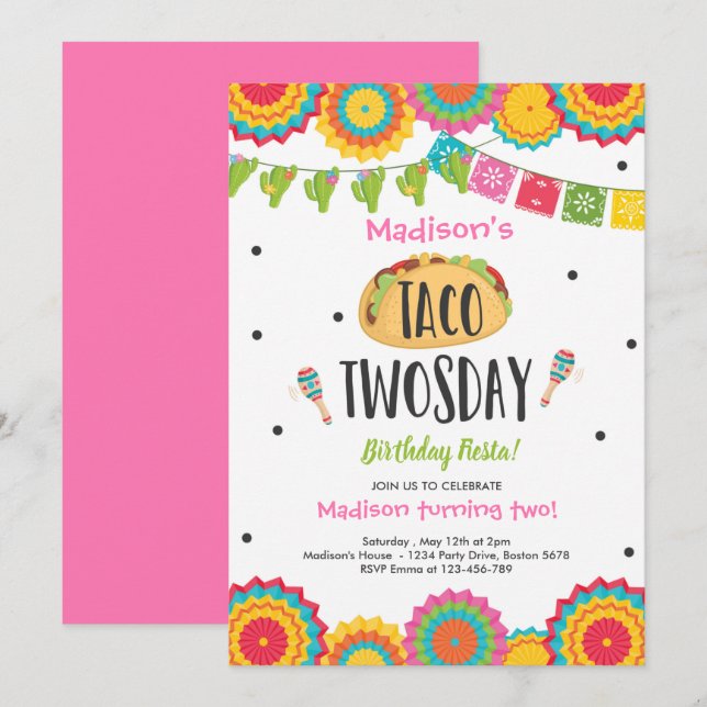 Taco Twosday Birthday Fiesta 2nd Birthday Party  Invitation (Front/Back)
