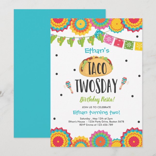 Taco Twosday Birthday Fiesta 2nd Birthday Party Invitation (Front/Back)