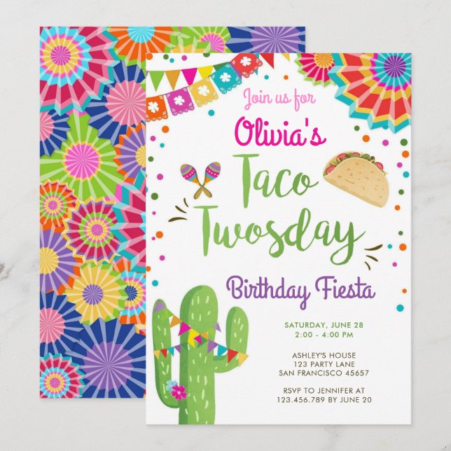 Taco Twosday Fiesta Mexican Girl Second Birthday  Invitation (Front/Back)