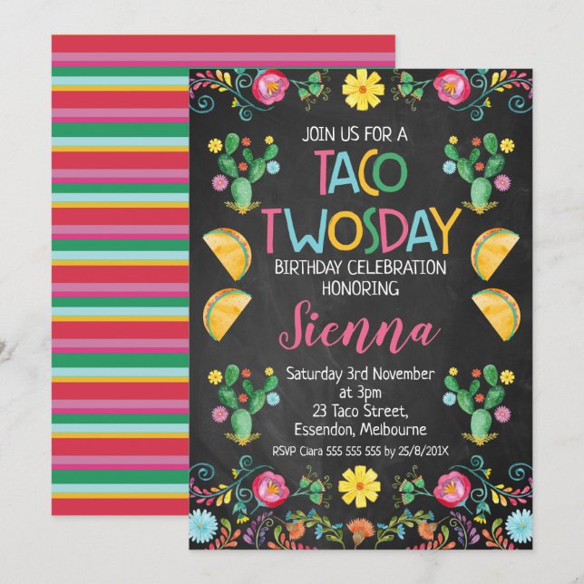 Taco Twosday Mexican 2nd Birthday Invitation (Front/Back)