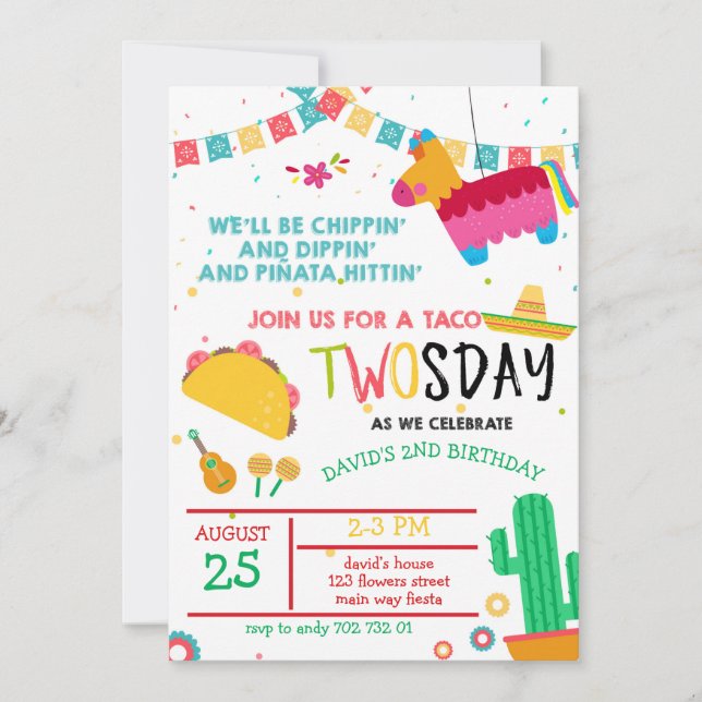 Taco Twosday Pinata Fiesta 2nd Birthday Invitation (Front)