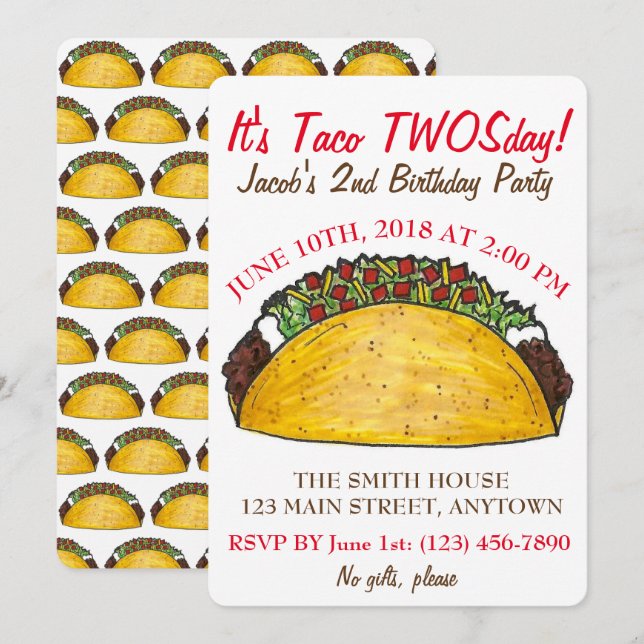 Taco TWOSday Tuesday 2nd Birthday Party Fiesta Invitation (Front/Back)