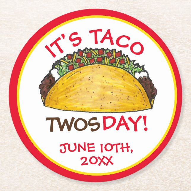 Taco TWOSday Tuesday 2nd Birthday Party Fiesta Round Paper Coaster (Front)
