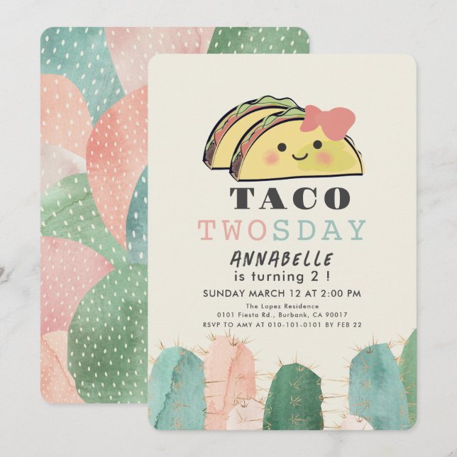 Taco Twosday Tuesday Kawaii Girl 2nd Birthday Invitation (Front/Back)